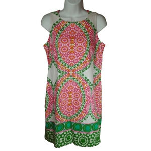London  Times Retro Summer Dress Vibrant Stretch Pink Green Orange 10
